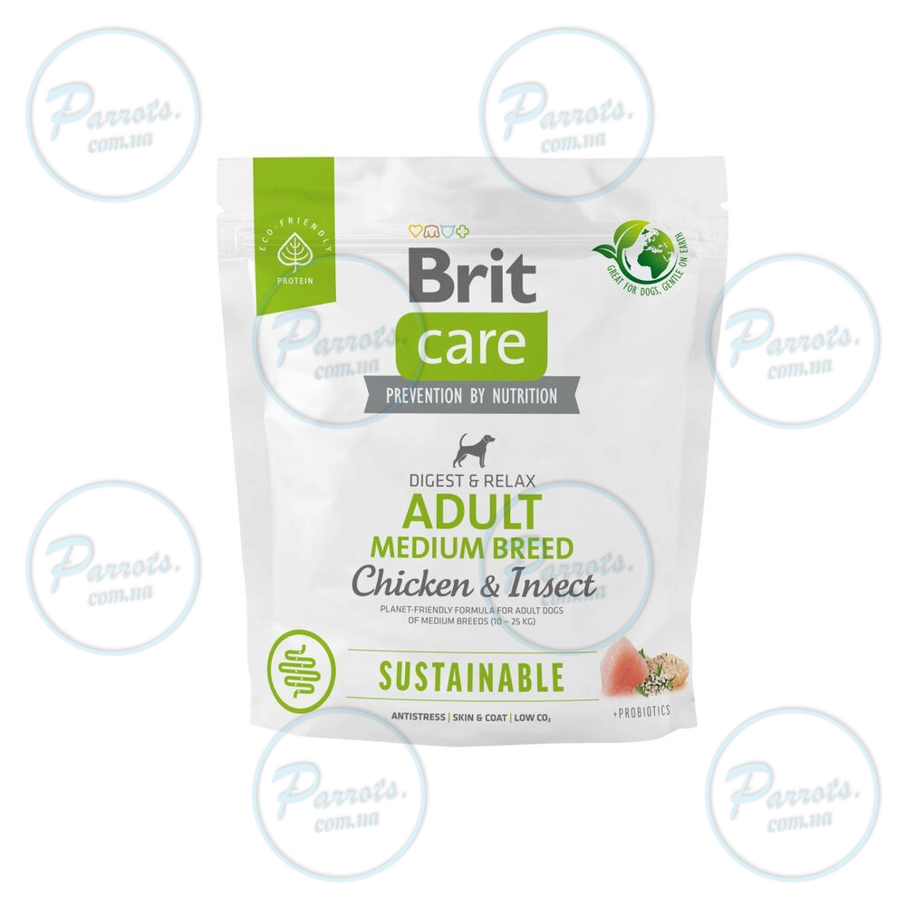 Сухой корм Brit Care Dog Sustainable Adult Medium Breed для собак средних пород, с курицей и насекомыми, 1 кг