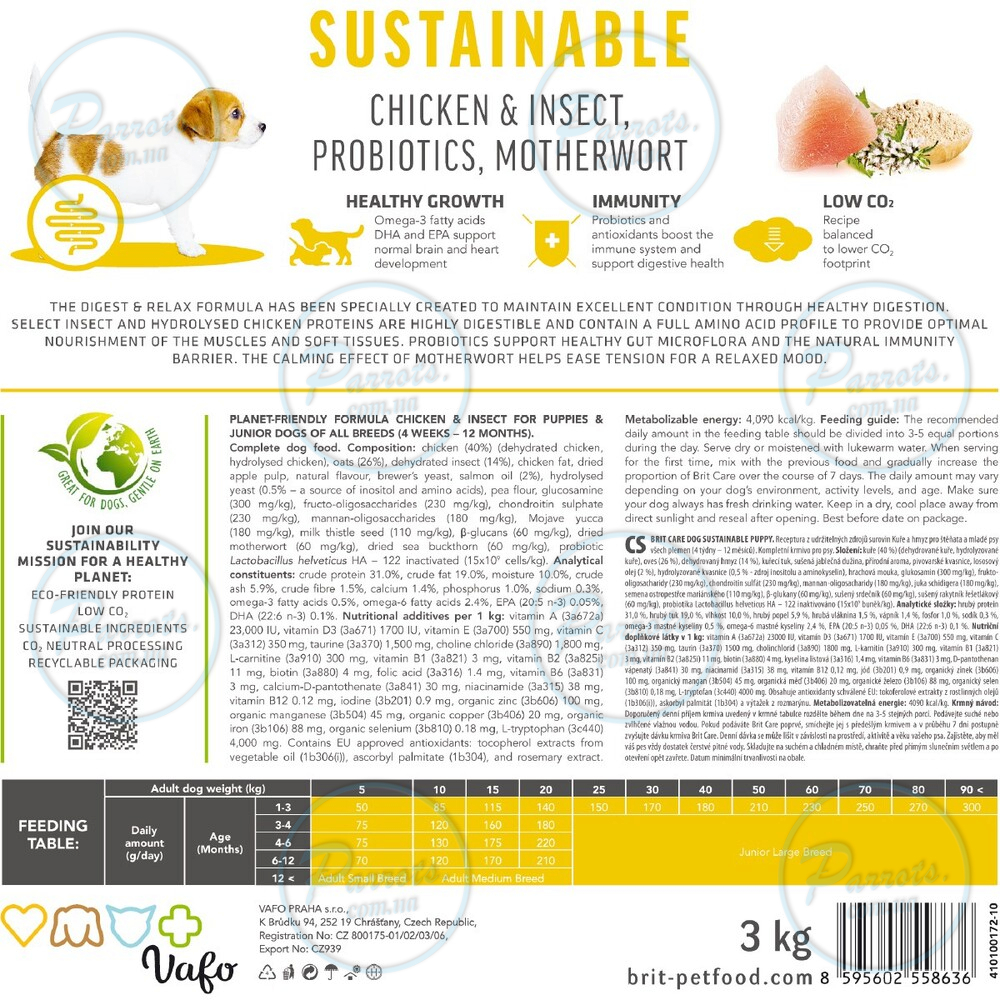 Сухой корм Brit Care Dog Sustainable Puppy для щенков, с курицей и насекомыми, 3 кг
