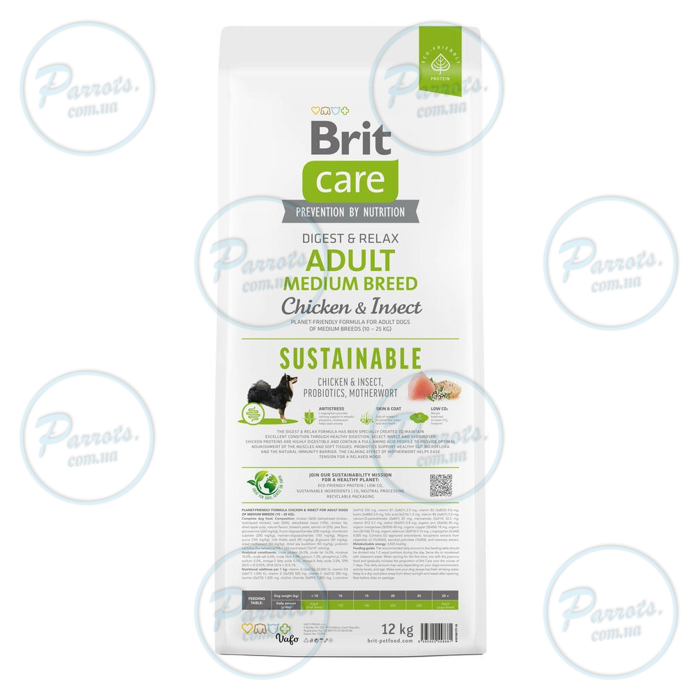 Сухой корм Brit Care Dog Sustainable Adult Medium Breed для собак средних пород, с курицей и насекомыми, 12 кг