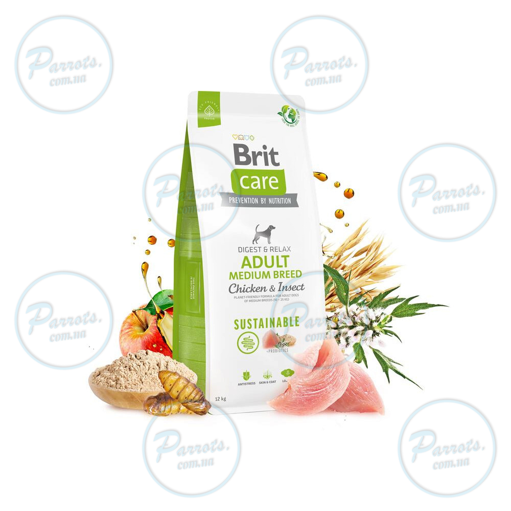 Сухой корм Brit Care Dog Sustainable Adult Medium Breed для собак средних пород, с курицей и насекомыми, 12 кг