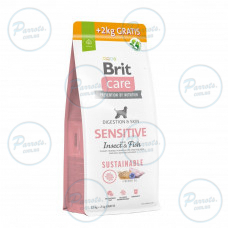 Корм Brit Care Dog Sustainable Sensitive для собак с чувствительным пищеварением, с рыбой и насекомыми, 12+2 кг