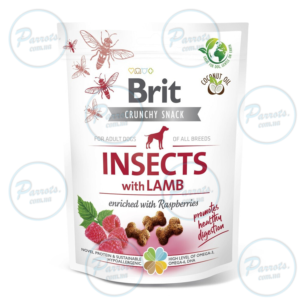 Лакомства для собак Brit Care Dog Crunchy Cracker Insects для пищеварения, насекомые, ягненок и малина, 200 г