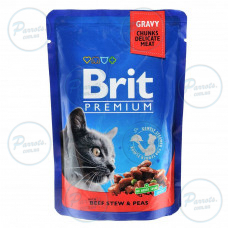 Вологий корм Brit Premium Cat Pouch для котів, з тушкованою яловичиною та горошком, 100 г
