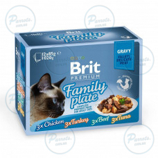 Набір вологих кормів Brit Premium Cat Pouches «Сімейна тарілка, філе в соусі» для котів, асорті із 4 смаків, 12 шт. х 85 г