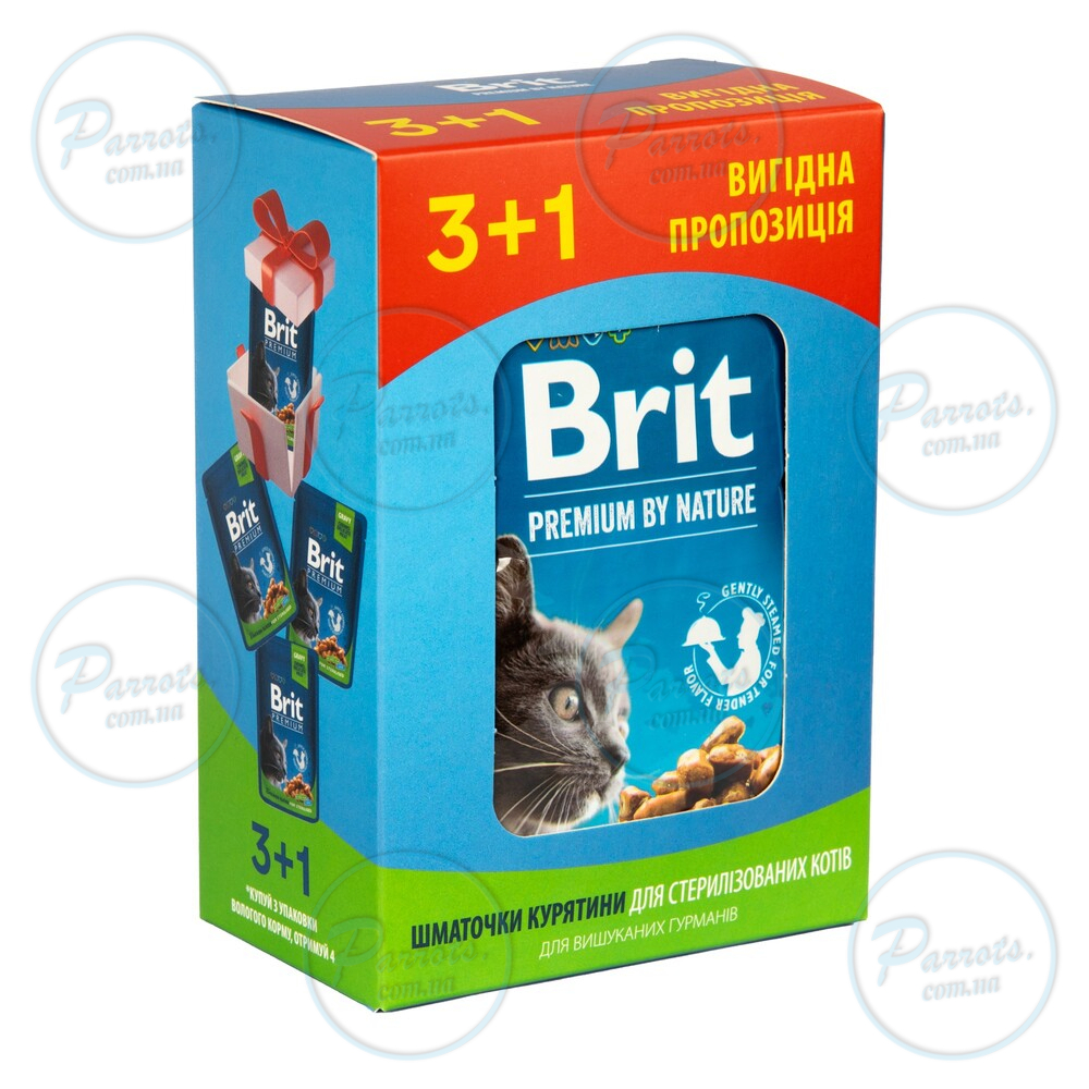 Набір паучів "3+1" для стерилізованих котів Brit Premium Cat pouch Chicken Slices for Sterilised з куркою, 4х100г