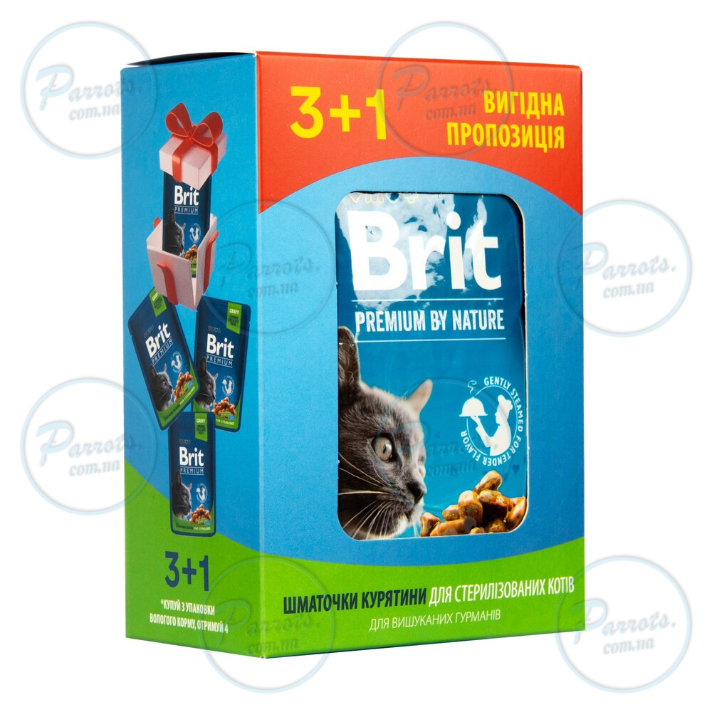 Набір паучів "3+1" для стерилізованих котів Brit Premium Cat pouch Chicken Slices for Sterilised з куркою, 4х100г