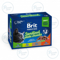Вологий корм Brit Premium Cat Набір паучів сімейна тарілка для стерилізованих котів, асорті 4 смаки, 100 г х 12 шт