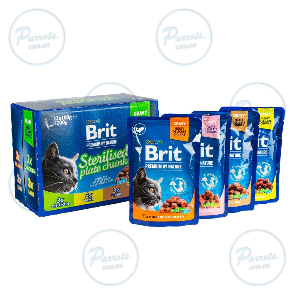 Влажный корм Brit Premium Cat Набор паучей семейная тарелка для стерилизованных кошек, ассорти 4 вкуса, 100 г х 12 шт