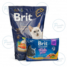НАБІР Корм сухий Brit Premium Adult Salmon Sterilized д/котів лосось 1,5 кг + 4 паучі рибна тарілка