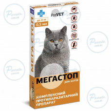 Краплі на холку ProVET «Мега Стоп» для котів до 4 кг, 1 піпетка (від зовнішніх та внутрішніх паразитів)