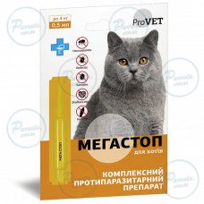Краплі ProVET «Мега Стоп» для котів до 4 кг, 1 піпетка (від зовнішніх та внутрішніх паразитів)