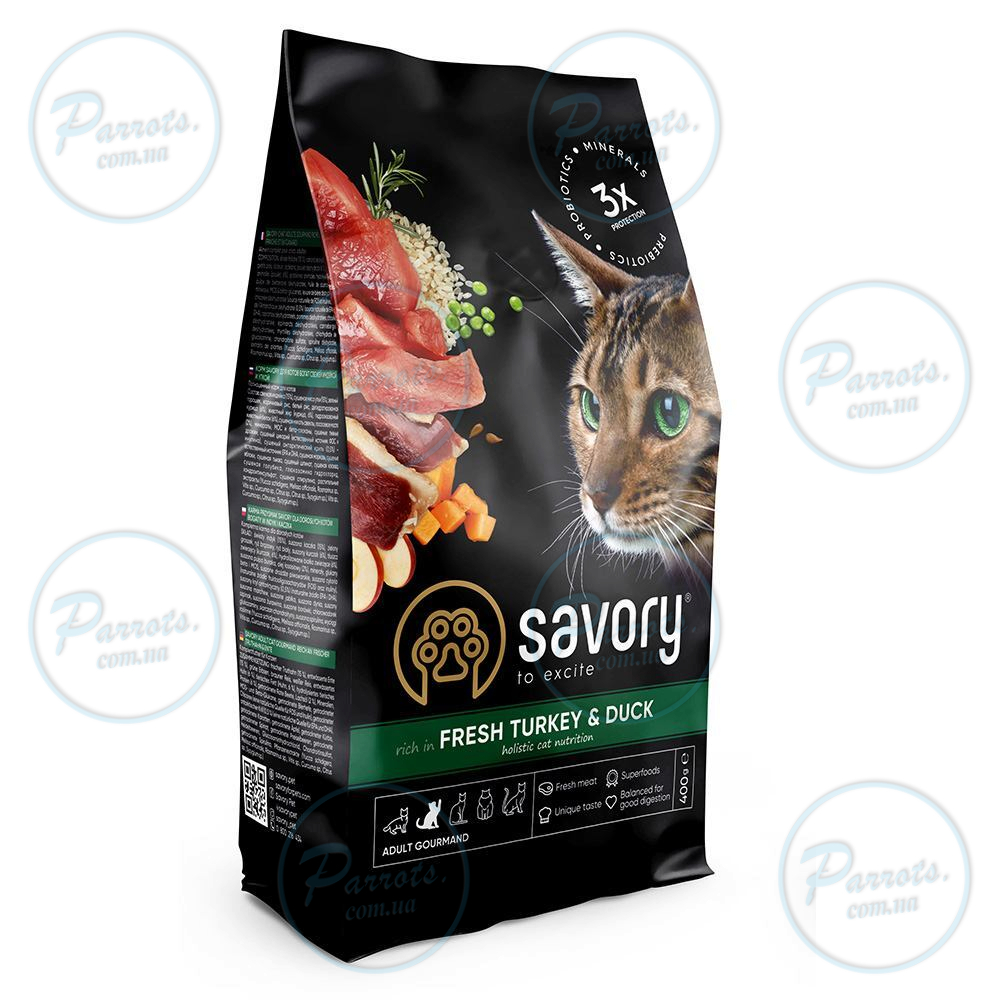 Сухий корм Savory для котів гурманів, зі свіжою індичкою та качкою, 400 г