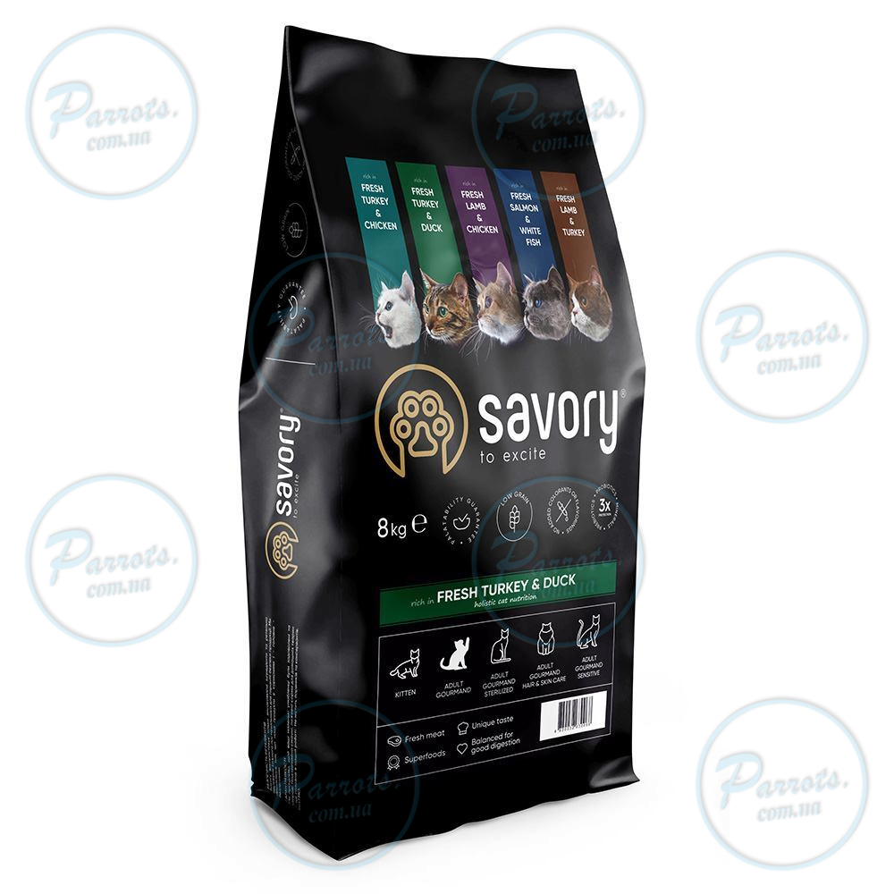 Сухий корм Savory для котів гурманів, зі свіжою індичкою та качкою, 8 кг